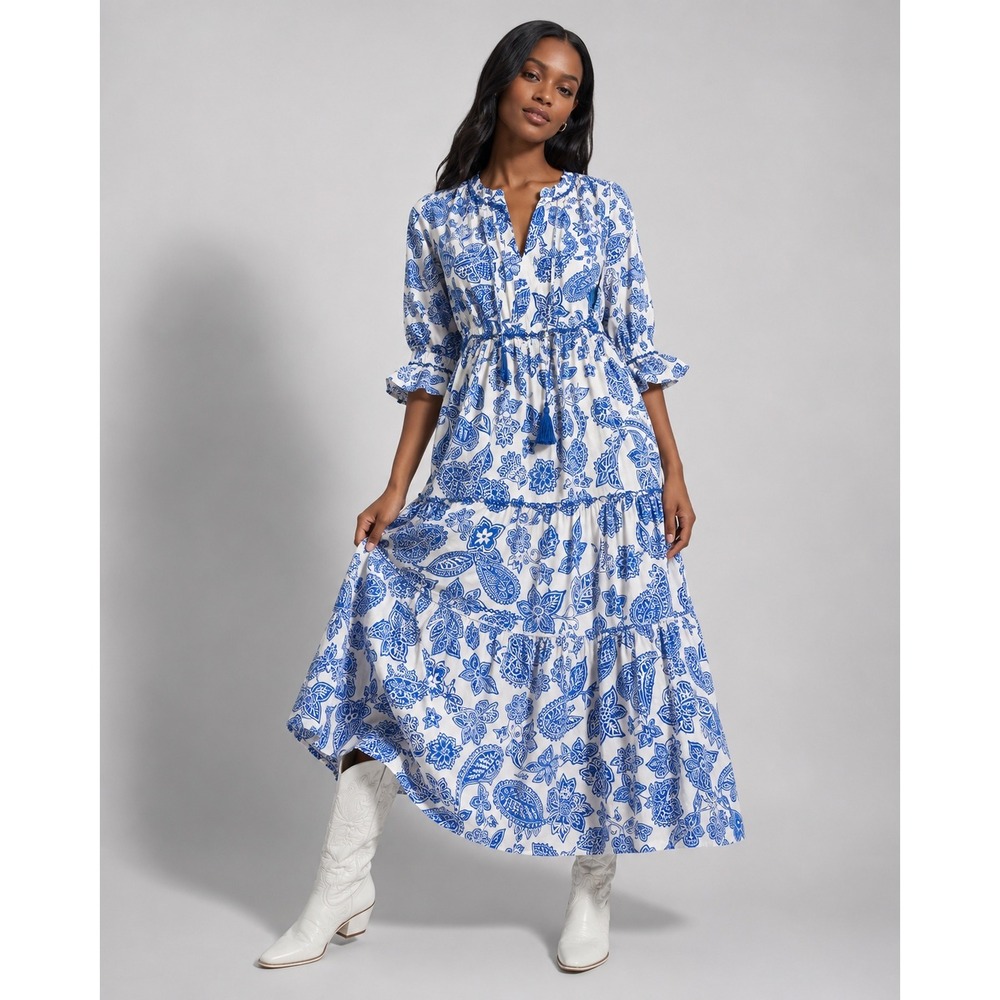 John Mark Blue White Paisley Floral Tiered Maxi Dress Boho Pockets Tassel L NWT